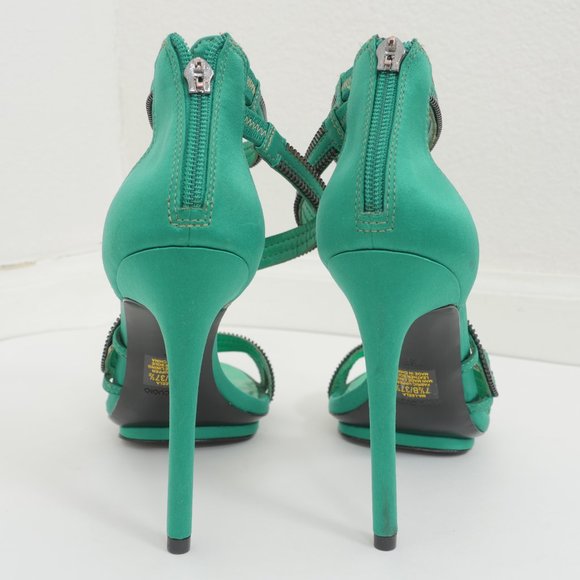 BCBGMaxAzria Green Satin Zipper Detail Size 7 1/2 B Strappy High Heel Shoes - Picture 5 of 13